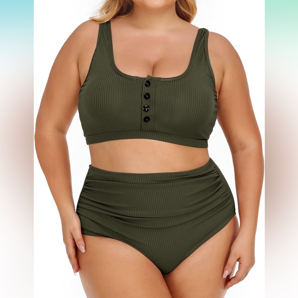 Summer Mae Women Ribbed Bikini Set Two Piece High Waist Swimsuit Scoop top NWT